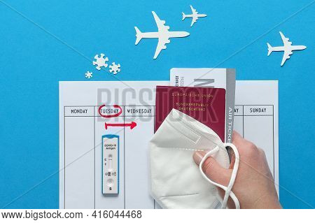 New Normal Travel During Covid-19 Restrictions, Flat Lay On Blue. Recent Negative Coronavirus Test. 