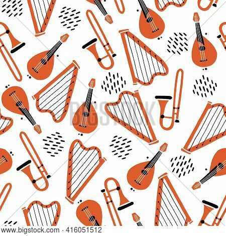 Hand Drawn Seamless Pattern Of Musical Instrument. Flat Sketch Style. Isolated Vector Illustration F
