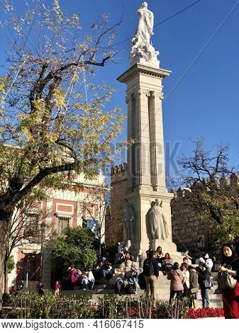 Seville, Spain - December 24, 2019: The Triumph Square, Plaza Del Triunfo, In Seville