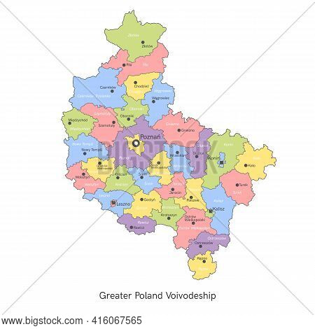Vector Illustration Administrative Map Of Poland. Greater Poland Voivodeship Map With Gminas