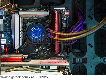 Close-up And Inside Desktop Pc Gaming And Cooling Fan Cpu With Multicolored Led Rgb Light Show Statu