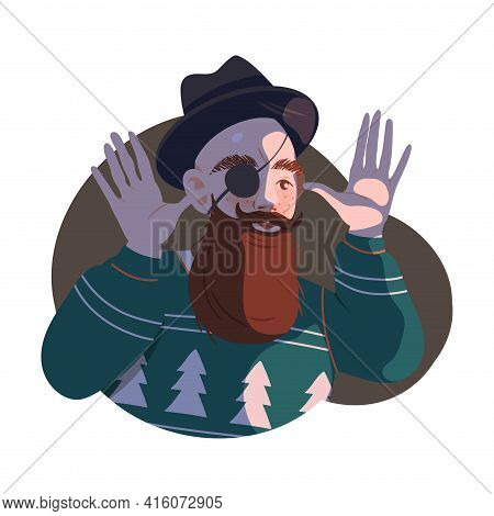 Bearded Man Hipster In Hat With Eye Patch Mocking Or Taunting Vector Illustration