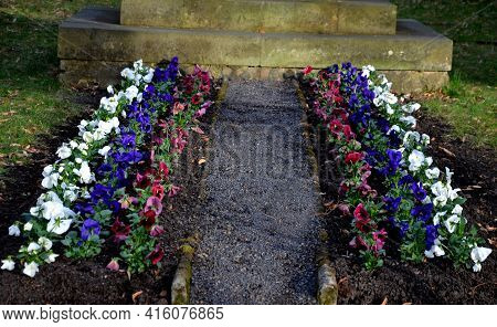 Striped Annual Flower Bed Made Of White Red And Blue Low Violet. In The Park By The Monument, A Touc