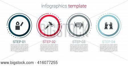 Set Lighter, Firefighter Axe, Hose Reel And Gloves. Business Infographic Template. Vector