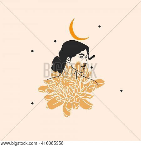 Hand Drawn Vector Abstract Stock Flat Graphic Illustration With Logo Elements , Boho Female With Flo