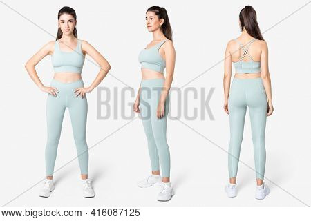 Woman in blue sports bra and leggings set