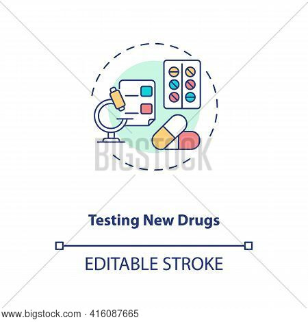 Testing New Drugs Concept Icon. Clinical Trials Type Idea Thin Line Illustration. Pharmaceutical Ind