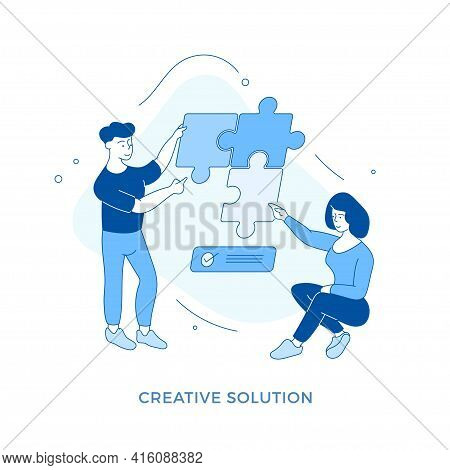 Linear Flat Creative Solution. Male And Female Cartoon Characters Connecting Puzzle Pieces. Teamwork