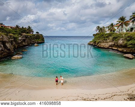 Playa Lagun Beach Cliff Curacao, Beautiful Tropical Bay With White Sand And Blue Ocean Curacao Carib