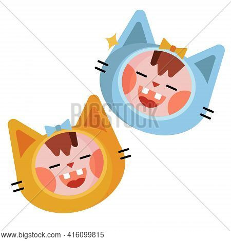 Cheerful Head Of A Smiling Kitten Girl. Cartoon Color Vectron Illustration With Character