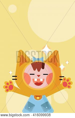 Cheerful Little Kitten Girl Smiling. Cartoon Color Vectron Illustration With Character
