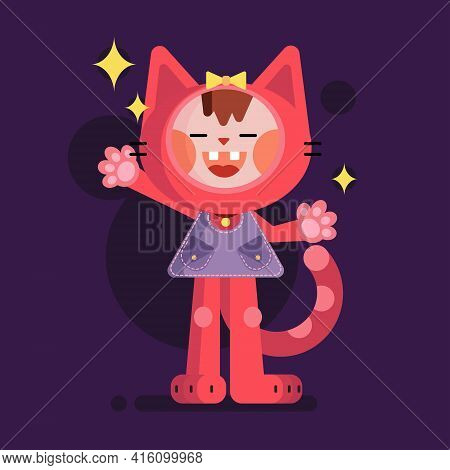 Cheerful Little Kitten Girl Smiling. Cartoon Color Vectron Illustration With Character