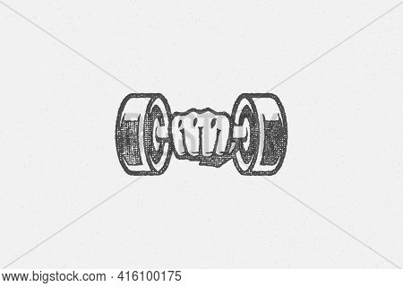 Athlete Sportsman Hand Holding Heavy Dumbbell During Weightlifting Training In Gym Hand Drawn Stamp 