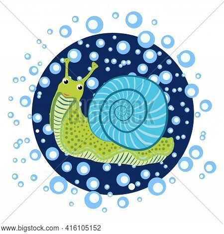 Blue Snail Beautiful Character In Water Bubbles, Scandinavian Style, Hand Drawn