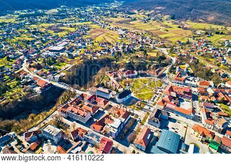 Town Of Ogulin And Dobra River Canyon Aerial Panoramic View, Landscape Of Central Croatia