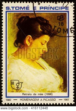 Moscow, Russia - April 07, 2021: Stamp Printed In Sao Tome And Principe, Shows Mae Portrait (1896) B