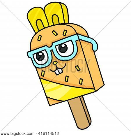 Ice Cream Stick With A Bespectacled Nerd Face, Character Cute Doodle Draw. Vector Illustration