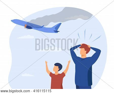 Scared Dad And Son Looking At Damaged Plane In Sky. Aircraft, Fire, Engine Flat Vector Illustration.