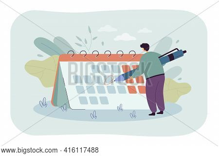 Tiny Man In Front Of Giant Calendar Cartoon Vector Illustration. Person Highlighting Specific Date O