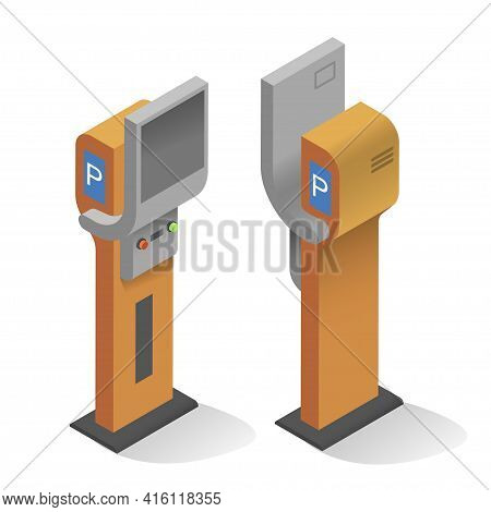 Realistic Modern Parking Meter Front And Back View Vector Illustration Kiosk Or Machine For Payment