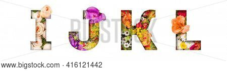 Floral letters. The letters I, J, K, L are made from colorful flower photos. A collection of wonderful flora letters for unique spring decorations and various creation ideas