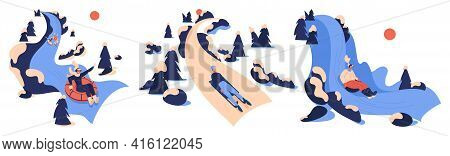 Vector Set With Sledding People. Women On Luge, Wok Racing And Tubing Donuts In Winter Landscapes Is