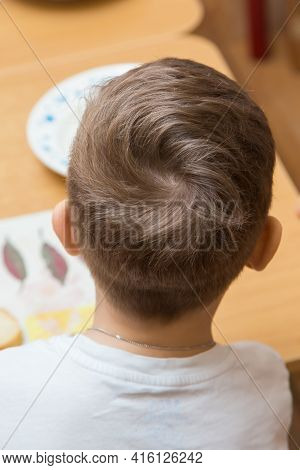 The Back Of A Boys Head With Curled Hair On Top. Close-up Of A Hairstyle On A Childs Head. Back View