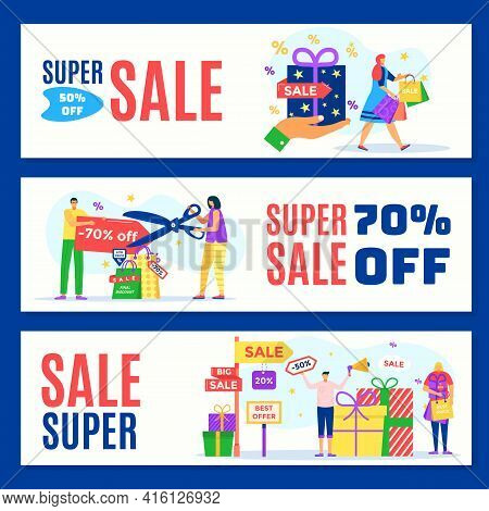 Super Sale, Discount Banner Ser, Vector Illustration. Man Woman People Character Make Retail Purchas