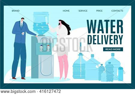 Water Delivery For Office, Landing Banner, Vector Illustration. Plastic Bottle With Liquid, Cooler G