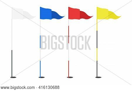 Set Of Golf Flags - White, Blue, Red, Yellow. Triangular Flag In The Hole. Golf Equipment Or Accesso