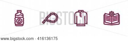 Set Line Bottle Of Water, Shirt Kurta, Rosary Beads Religion And Holy Book Koran Icon. Vector