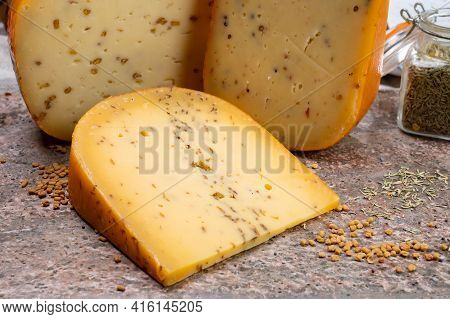 Cheese Collection, Pieces Of Hard Yellow Dutch Gouda Cheese With Dried Caraway, Mustard, Cumin, Fenu