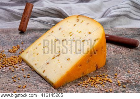 Cheese Collection, Piece Of Hard Yellow Dutch Gouda Cheese With Dried Fenugreek Seeds