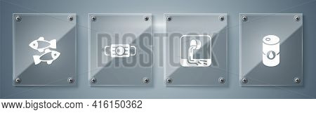 Set Barrel Oil, Wastewater, Medical Protective Mask And Dead Fish. Square Glass Panels. Vector