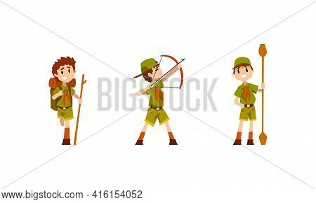 Scouting Boys Activity Set, Boy Scouts Wearing Khaki Uniform Hiking And Shooting With Bow Vector Ill
