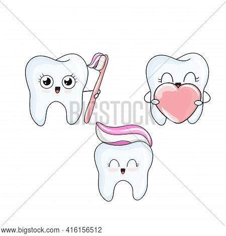 Cute Cartoon Tooth Play With Floos And Toothpaste. Cute Cartoon Kawaii Character. Oral Dental Hygien
