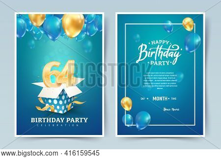 64th Years Birthday Vector Invitation Double Card. Sixty Four Years Wedding Anniversary Celebration 
