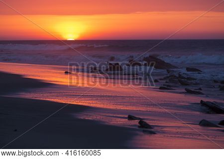 Ocean Sunset On The Beach And The Pacific Ocean In Punta Sal, Peru