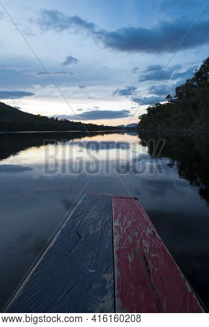 Sunset In The Canaima National Park And Reflections In The Water Of The Gauja River. Bolivar State, 