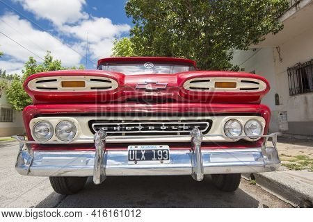 Salta, Argentina, December19: Vintage Red Chevrolet In The Street Of Salta With A Clear Blue Sky, Ar