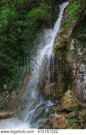 From The Height Of The Stream Flows Clear Water-a Beautiful Waterfall Maiden Tears In The Bzyb Gorge