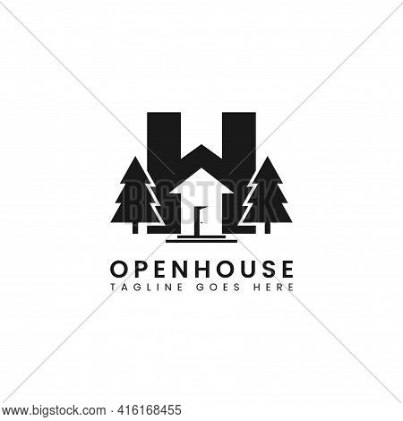 Initial Letter H With A Silhouette Of A House And A Pine Tree Inside Logo Design. Graphic Design Ele
