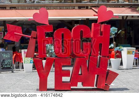 Quito, Ecuador, February 23: Sculpture 3d Letters On Plaza Foch In Quito Saying 