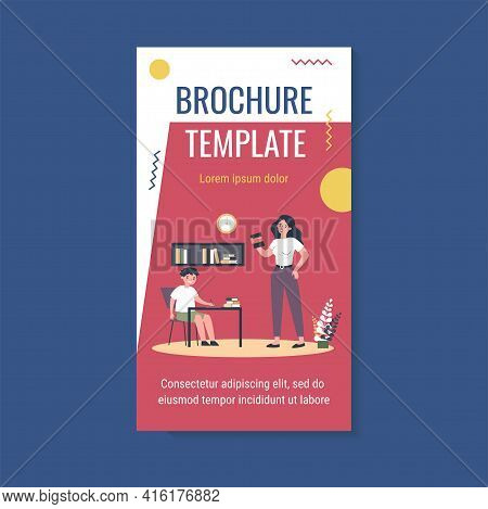 Mom Helping Son To Do School Home Task. Boy Writing At Desk, Woman Holding Book Flat Vector Illustra