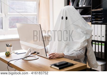 Ghostwriter In Office. Creative Ghost Writer Using Computer