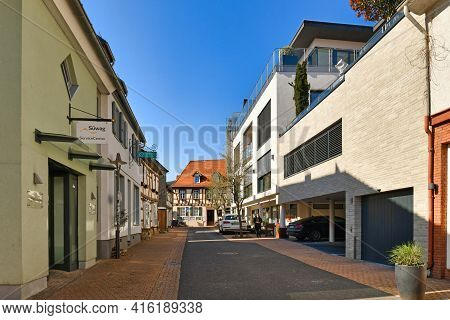 Hofheim, Germany - March 2021: Side Street In Old Historic City Center Of Hofheim