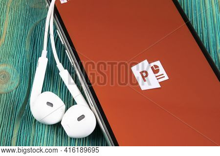 Helsinki, Finland, May 4, 2019: Microsoft Office Powerpoint Application Icon On Apple Iphone X Scree