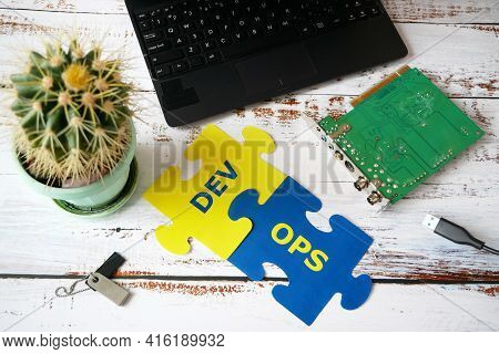 Hands Put On Board Words Dev And Ops. Devops Concept For Software Engineering Culture And Practice O