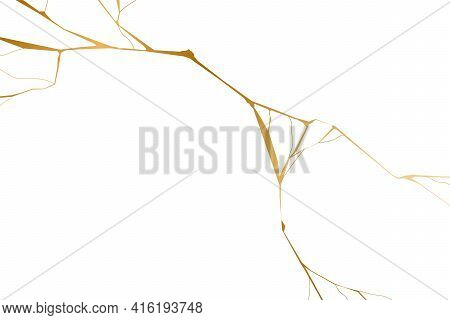 Gold Kintsugi On White Background. Crack And Broken Effects. Marble Texture. Luxury Design For Wall 