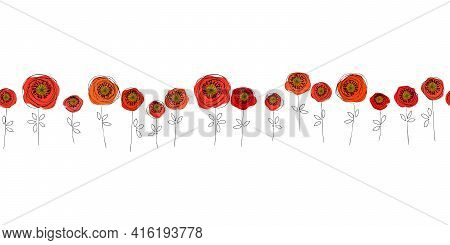 Seamless Pattern Red Poppies Isolated On White Background. Bright Flowers Poppies Perfect Fit For De